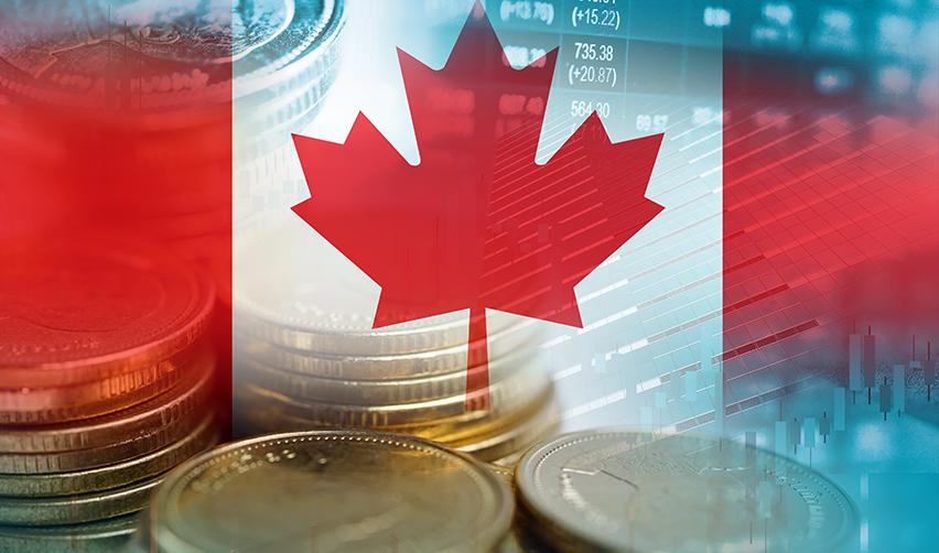 The Canadian flag in front of some stock data and stack of coins symbolizing a required minimum investment.