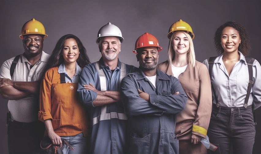 A group of U.S. workers in hard hats smiling at the camera, symbolizing EB5 job creation.