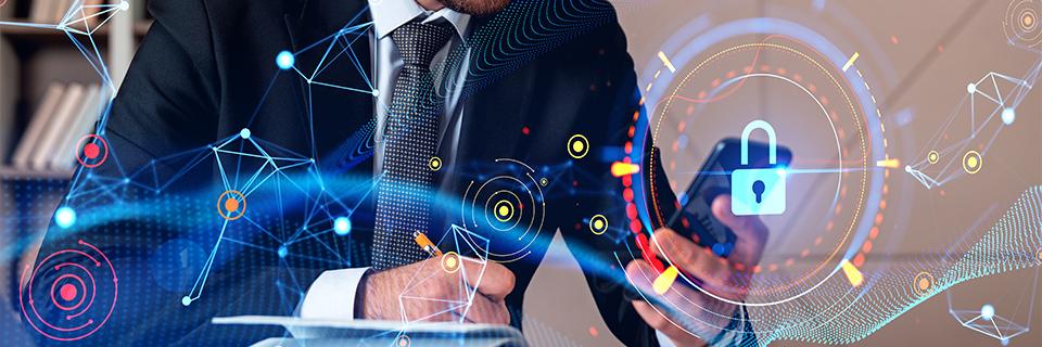 An EB5 investor holding a phone and taking notes with digital financial icons in the foreground.