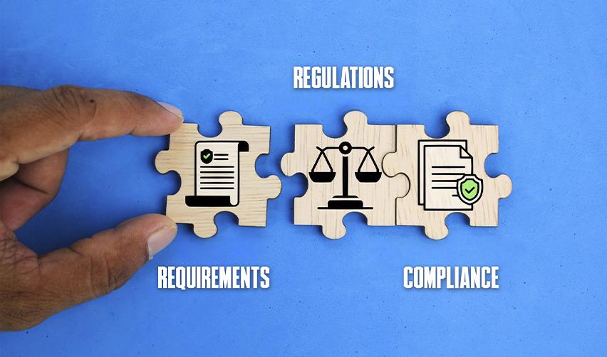 An EB5 investor's hand putting pieces of a puzzle together, with the words requirements, regulations, and compliance under each piece.