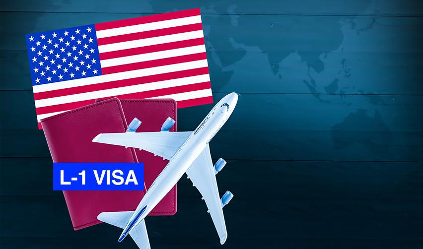 Some passports, a model plane and the American flag under text that reads L-1 visa, symbolizing the L-1 visa to EB-5 transition.