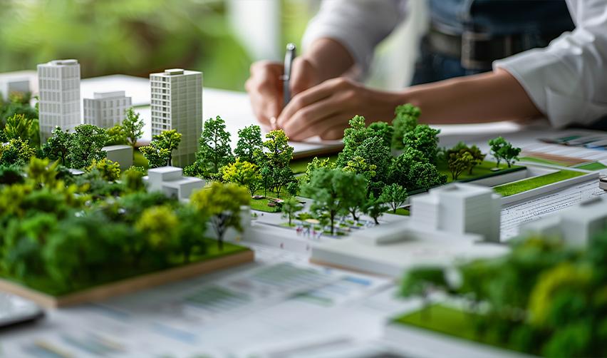 The hands of a project developer working on a model EB5 project in a rural targeted employment area.