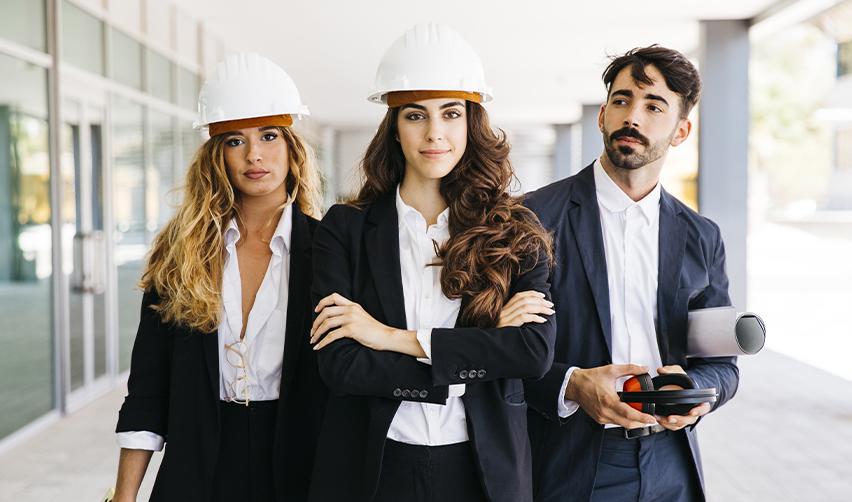Three professionals wearing hard hats standing confidently in front of a building, representing EB5 investors exploring career growth and economic opportunities in the U.S.