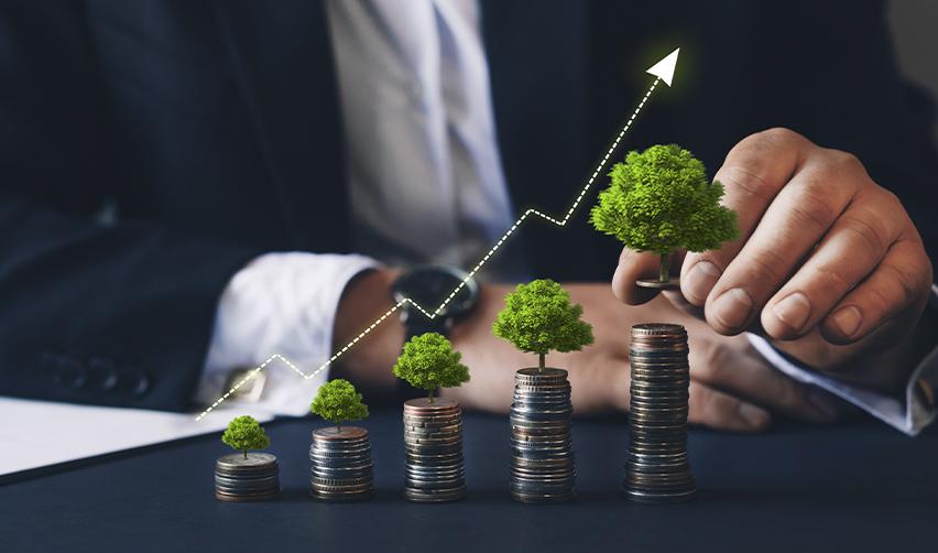 Stacks of coins with growing green trees on top, representing financial growth and the economic benefits of EB5 investments, as well as EB-5 success rates.