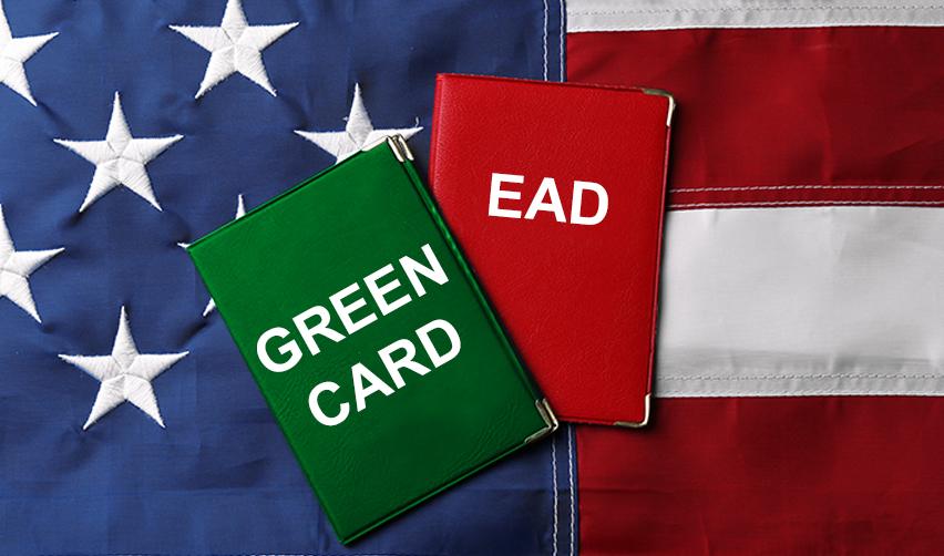 Two document holders labeled 'GREEN CARD' and 'EAD' rest on an American flag, symbolizing the difference between an Employment Authorization Document (EAD) and an EB5 Green Card for work and residency in the U.S.