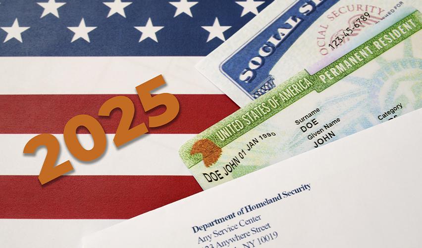 A U.S. Green Card and social security card with "2025" text over a backdrop of the American flag. Start your EB5 investment now to potentially receive your Green Card by the end of 2025.