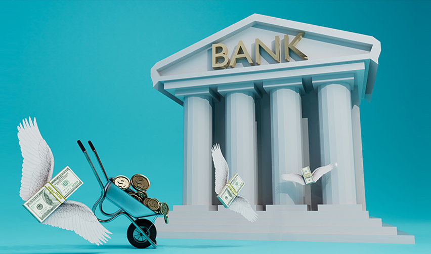 Illustration of a traditional bank with money flying away, symbolizing financial risk and the importance of thirdparty lenders in EB5 projects to ensure funding security.