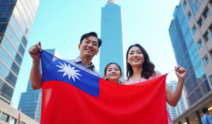 Successful Taiwanese family posing for the camera with the Taiwan flag as US green card holders or permanent residents through the EB5 visa.