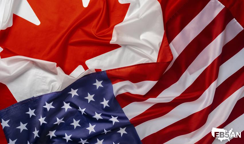 The EB5AN logo on the corner of a close-up of Canada and United States flags merged together, highlighting the EB5 pathway for Canadian immigrants aiming for U.S. citizenship.