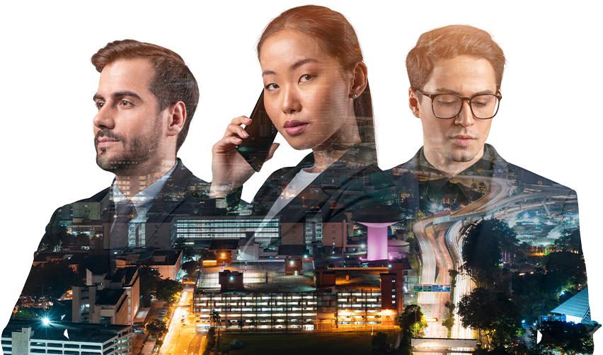 Three highly skilled professionals with a city skyline double exposure, symbolizing global career opportunities and U.S. immigration pathways like the EB1 vs EB5 visas.