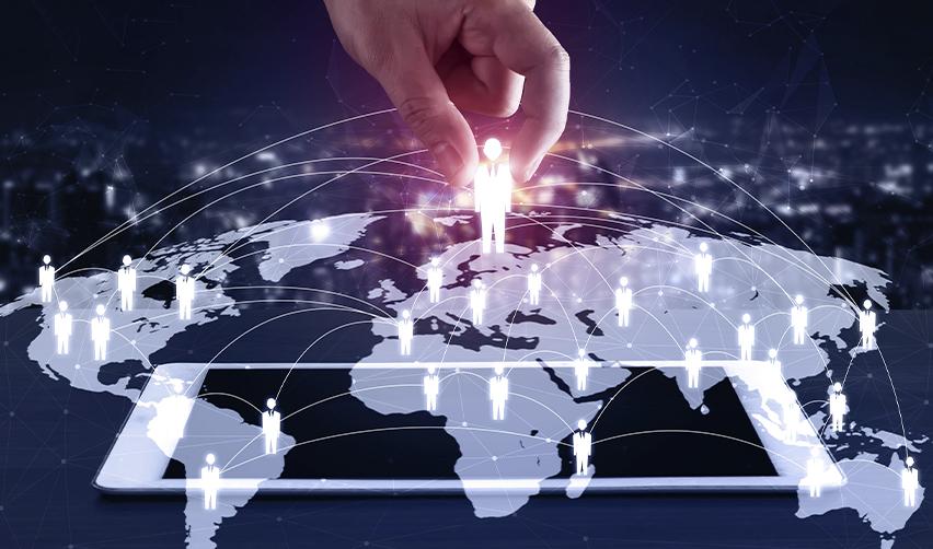 A digital network of global business connections across a world map, representing international reach and mobility with the EB5 visa.