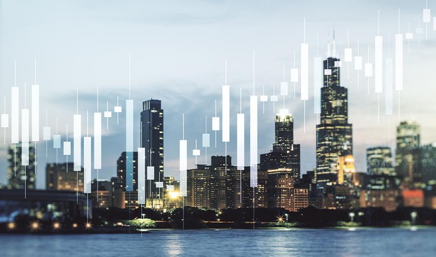 A modern U.S. city skyline with financial data graphics overlayed, symbolizing economic opportunity and investment potential for EB5 immigrant investors.