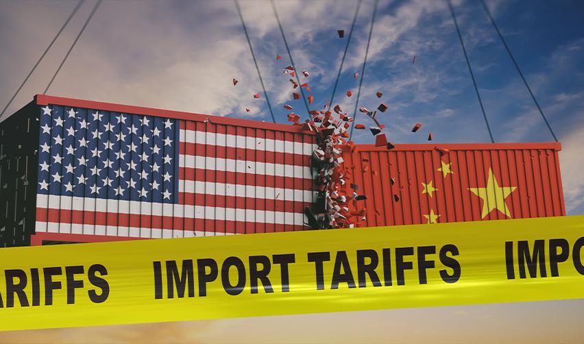 Illustration of U.S. and China containers colliding, symbolizing international trade or global trade tensions, export controls and the rise of country specific tariffs affecting foreign investors.