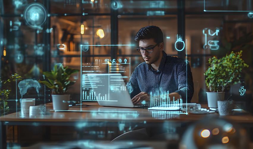 Young tech entrepreneur working on laptop surrounded by digital interface graphics, symbolizing innovation and EB5 investment potential in U.S. startups.