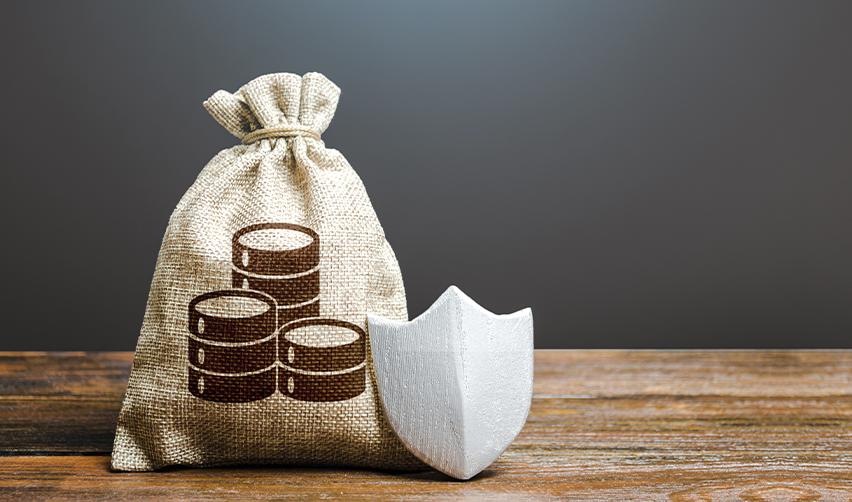 A burlap sack with stacked coin icons and a white shield in front, symbolizing protection of EB5 investment capital through secure financial structures.