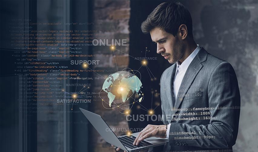 Global tech founder reviewing EB5 startup strategy, with digital code and world map representing U.S. business expansion through investment immigration.