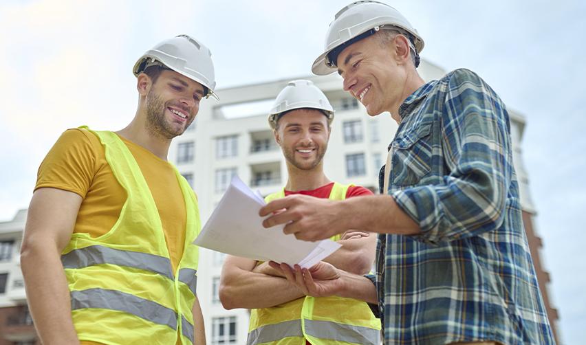 Three construction workers in safety vests and hard hats reviewing project documents on-site in front of a residential building, symbolizing EB5 job creation through active development.