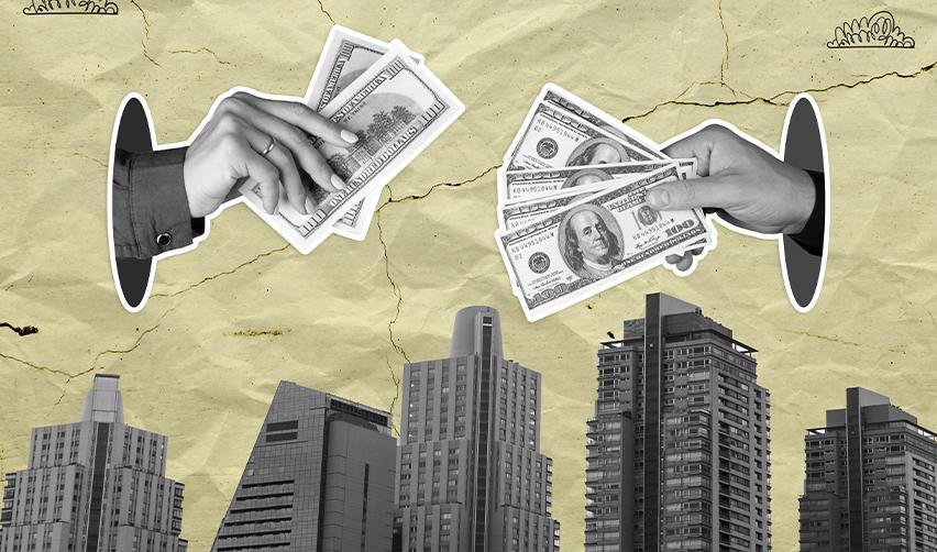 Collage of urban high-rises and hands exchanging hundred-dollar bills, symbolizing EB5 investment repayment and project funding returns.