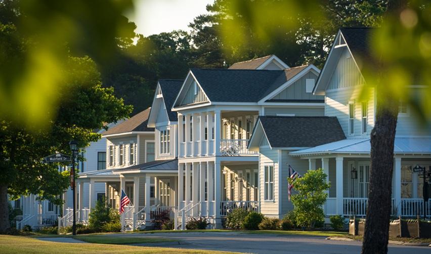 Row of coastal homes at Bay Creek community, Cape Charles, Virginia, symbolizing strong residential demand that supports EB5 investment stability.