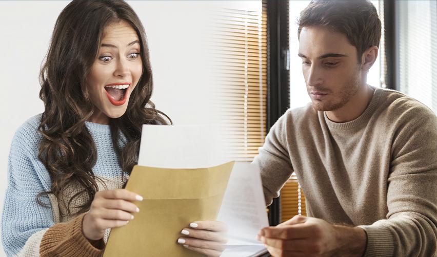 Two EB5 investors reacting to immigration petition results, one celebrating an approval letter while another waits with concern over delays.