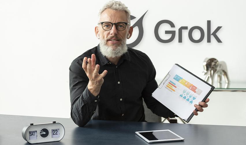 Business professional holding a chart while explaining AI insights, with the Grok logo in the background, symbolizing EB5 investors learning how AI supports immigration planning.