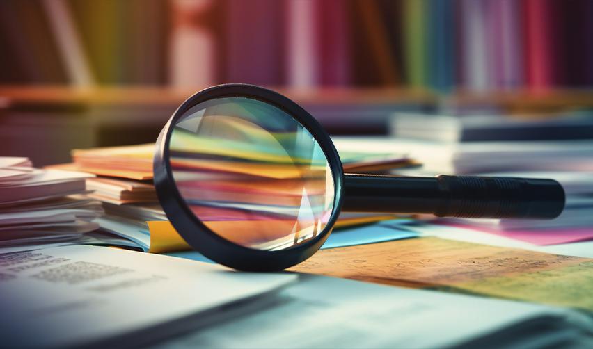 Magnifying glass placed on top of colorful financial and legal documents, representing EB5 investors reviewing source of funds and documentation with AI assistance.