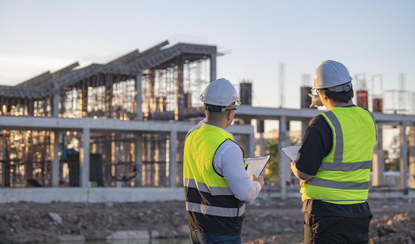 Construction workers in safety vests and helmets reviewing plans at an active building site, showing EB5 job creation through real estate projects.