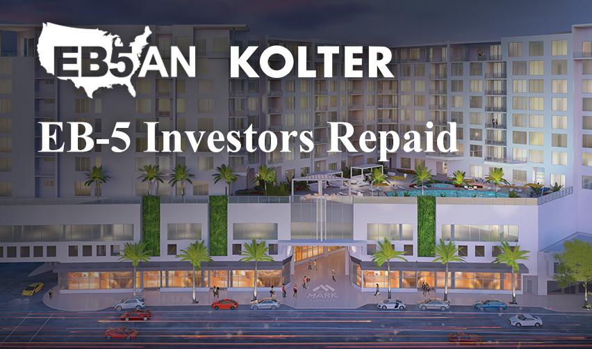 EB5AN and Kolter repayment banner over a rendering of The Mark Sarasota condominium, announcing EB5 investors repaid and highlighting EB5AN’s track record with Kolter.
