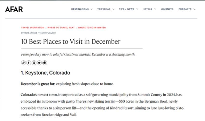 AFAR Magazine article naming Keystone, Colorado—home to the new Kindred Resort—one of the ‘10 Best Places to Visit in December.’