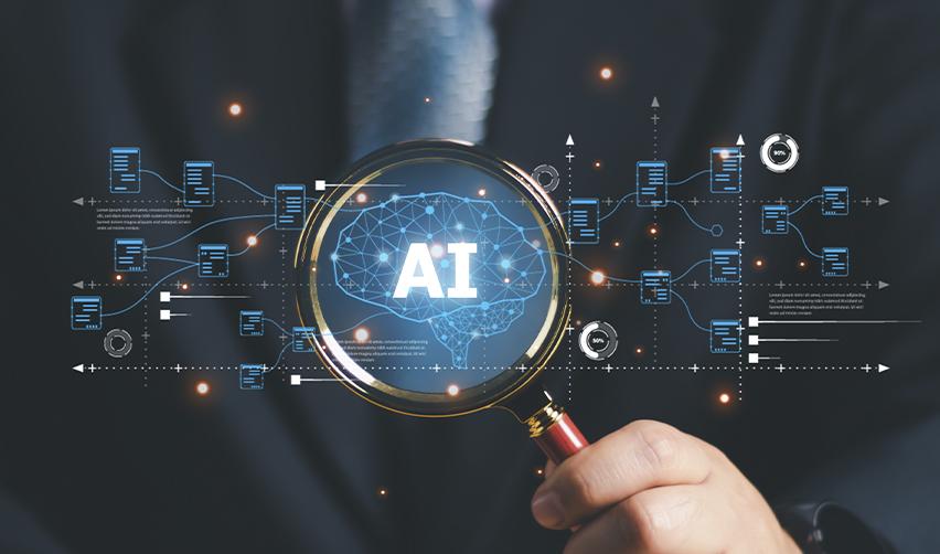 Magnifying glass highlighting AI technology with digital data flow, symbolizing how EB5 investors can use ChatGPT to understand source of funds requirements.