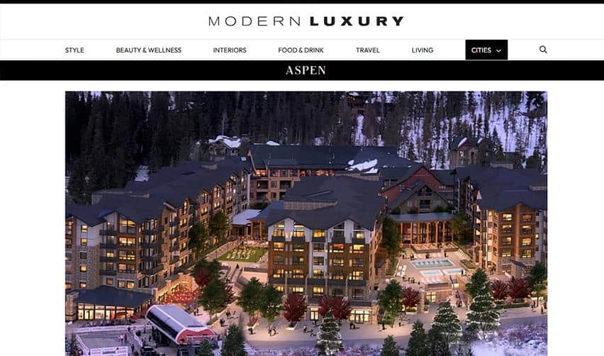 Modern Luxury Aspen article showing a nighttime rendering of Kindred Resort at Keystone, a luxury mountain development combining hotel, residences, and amenities.