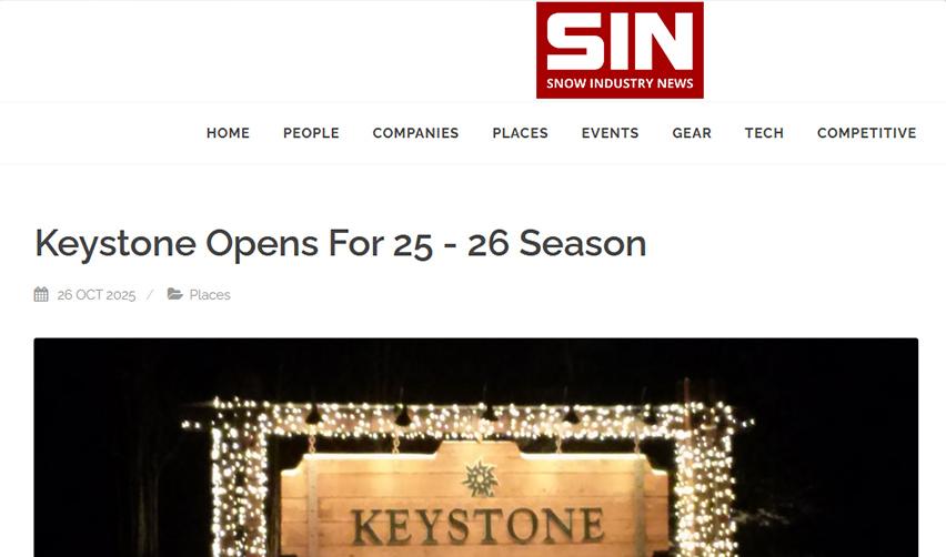 Snow Industry News headline announcing Keystone opening for the 2025–26 season, referencing Kindred Resort’s debut alongside the resort’s early start.