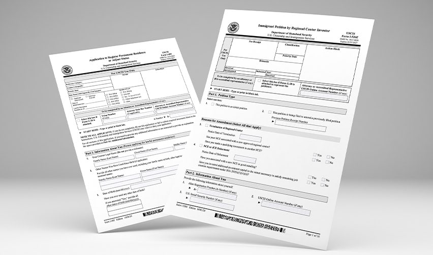 USCIS immigration forms for permanent residence and EB5 petitions, highlighting key steps J1 visa holders must complete on the path to a Green Card.
