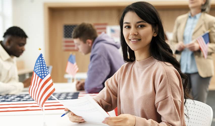 A young woman holding paperwork at a citizenship class, representing the final steps J1 visa holders can reach after obtaining a Green Card through EB5.