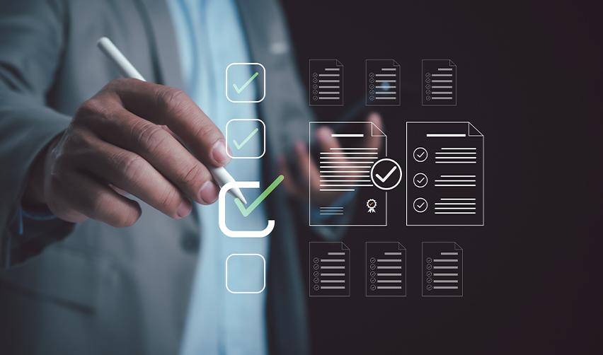 A close-up of a person selecting items on a glowing digital checklist, symbolizing how AI tools help EB5 investors review documents and evaluate project criteria.