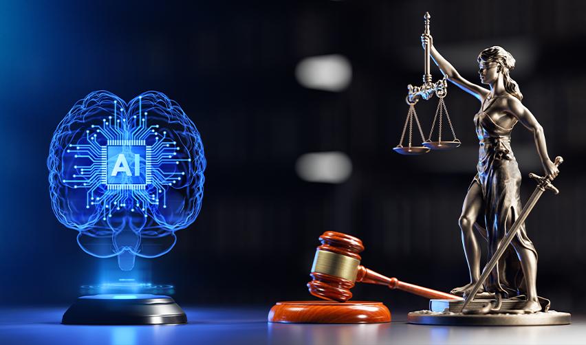 A glowing digital brain labeled AI facing the Lady Justice statue and a wooden gavel, symbolizing artificial intelligence transforming EB5 legal and due diligence workflows.