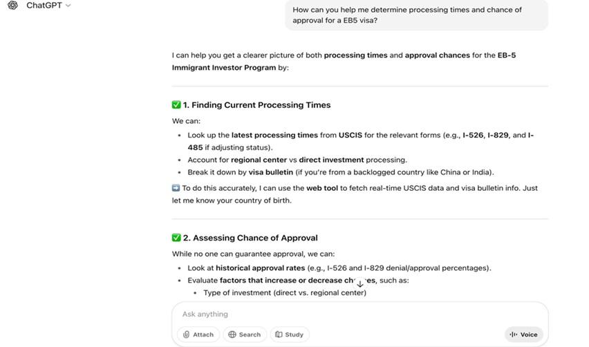 ChatGPT window displaying EB5 visa processing and approval analysis, showing AI-generated insights on USCIS timelines and success factors.