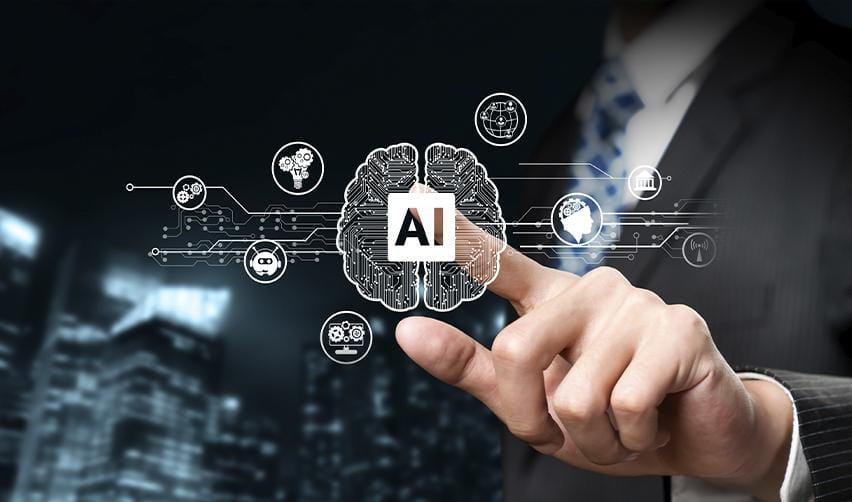 A business professional interacting with a virtual AI brain surrounded by technology icons, representing how AI tools enhance EB5 investment analysis and decision-making.