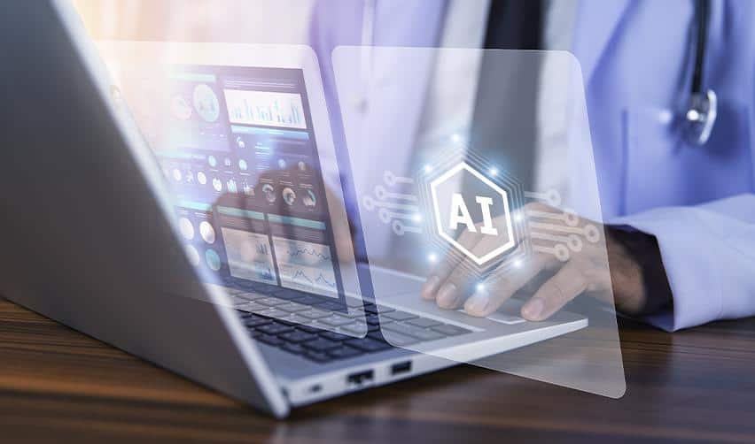 A professional using a laptop with a glowing AI interface, symbolizing the growing role of artificial intelligence in regulated sectors such as EB5 immigration compliance.