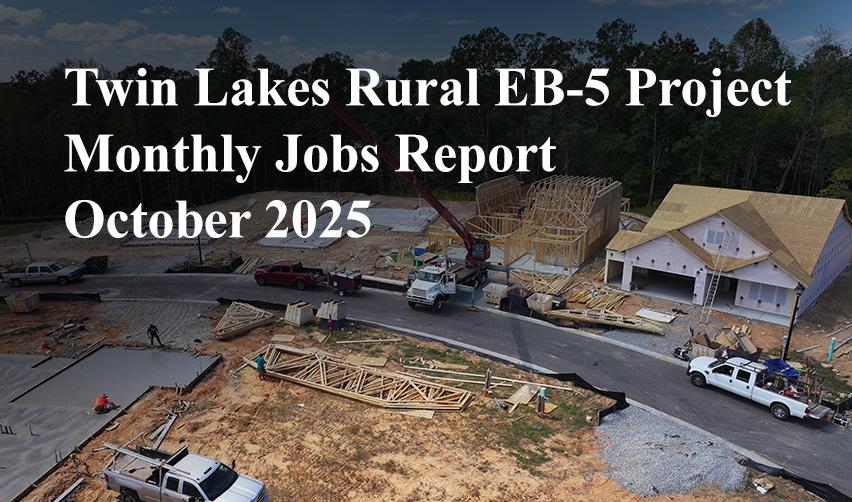 Aerial view of active home construction at the Twin Lakes Georgia community, showing framed single-family homes, construction vehicles, and ongoing site work, representing EB5 job creation at the rural Twin Lakes EB5 project in October 2025.