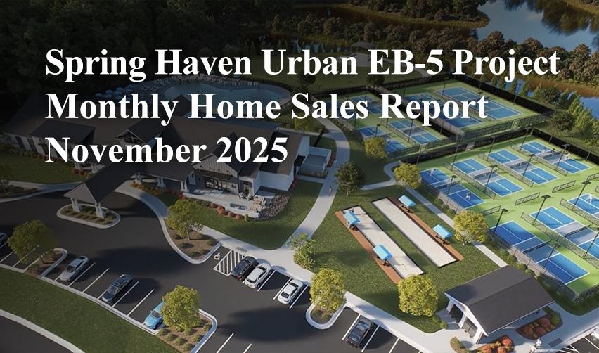Aerial rendering of the Spring Haven urban EB5 project near Atlanta showing the clubhouse, parking area, walking paths, and multiple outdoor pickleball and tennis courts, representing strong lifestyle appeal supporting home sales and EB5 job creation.