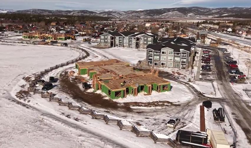 Aerial view of Grand Park in winter showing active EB5 construction.