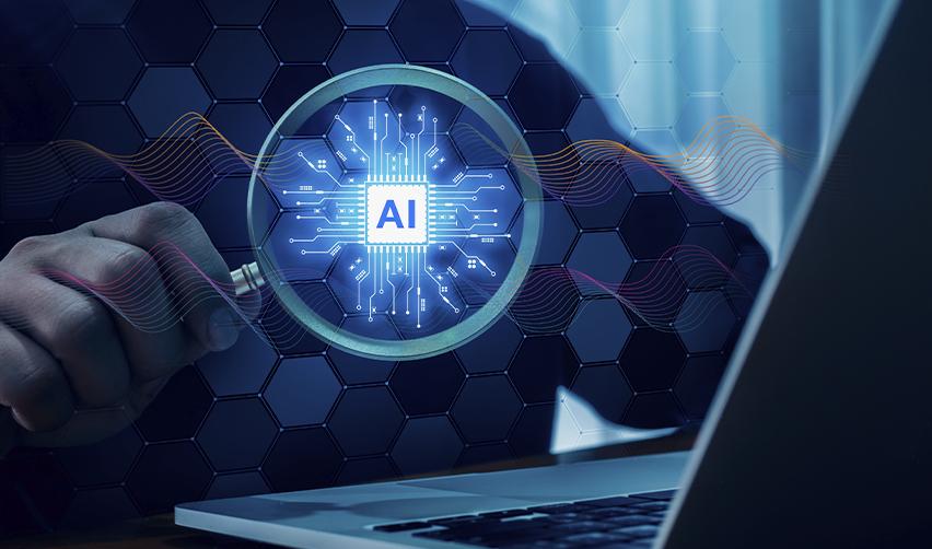 A magnifying glass examining a digital AI circuit, symbolizing how EB5 investors use AI tools to verify project claims and conduct deeper due diligence.