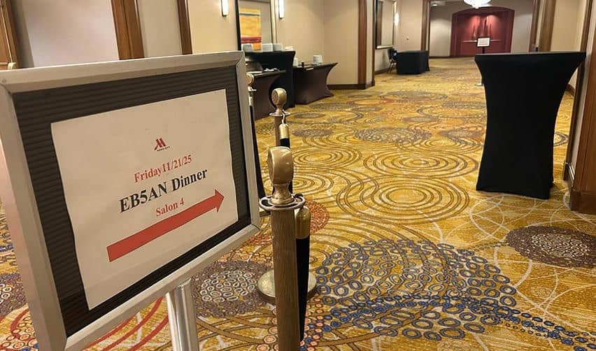 Directional sign for the EB5AN dinner event at the Fremont Marriott.