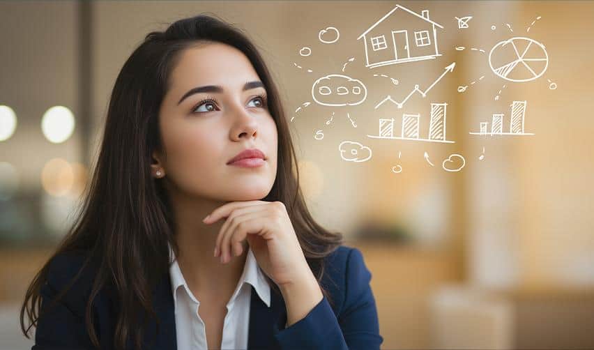 An investor thoughtfully analyzing charts and housing concepts, symbolizing EB5 investors evaluating project simplicity, risk, and long-term clarity.