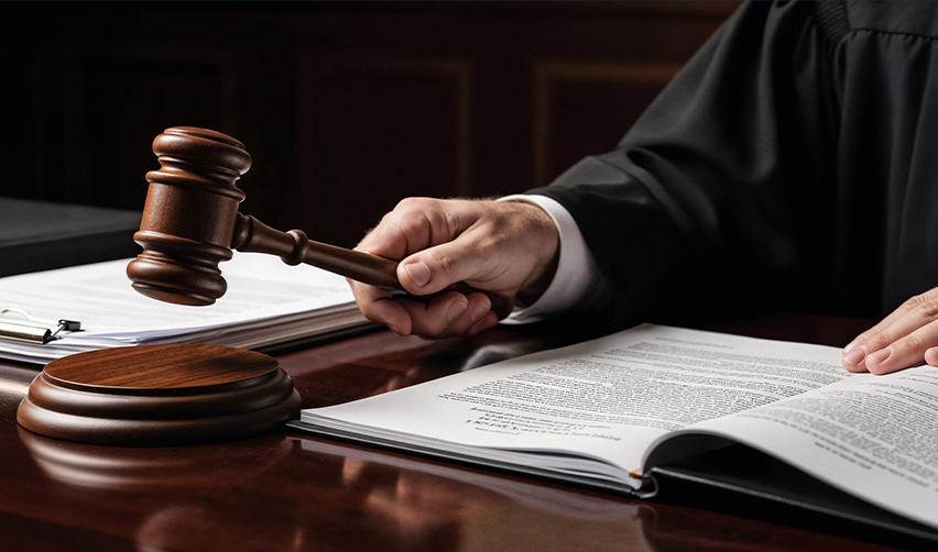 A judge holding a gavel over legal documents in a courtroom, symbolizing federal court review of the Gold Card visa lawsuit and immigration authority challenges.