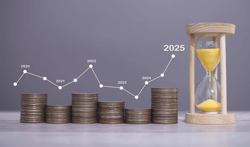 Stacks of coins arranged along a timeline with an hourglass, illustrating EB5 investment return timing, sustainment periods, and long-term capital planning.