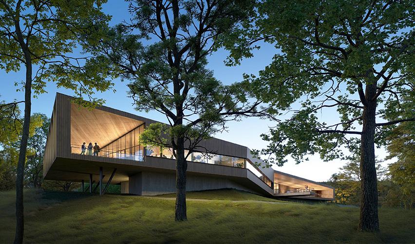A building with a glass roof and a walkway