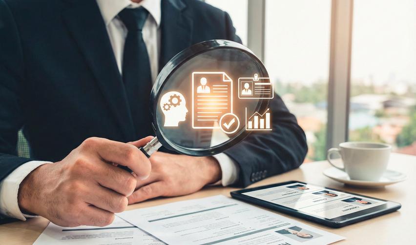 Một nhà đầu tư EB5 đang xem xét kỹ lưỡng các tài liệu dự án EB5 bằng kính lúp.